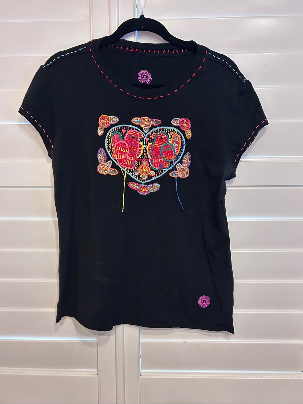 Double D Ranch Black Short Sleeve Tee with Multicolor Embroidered Heart